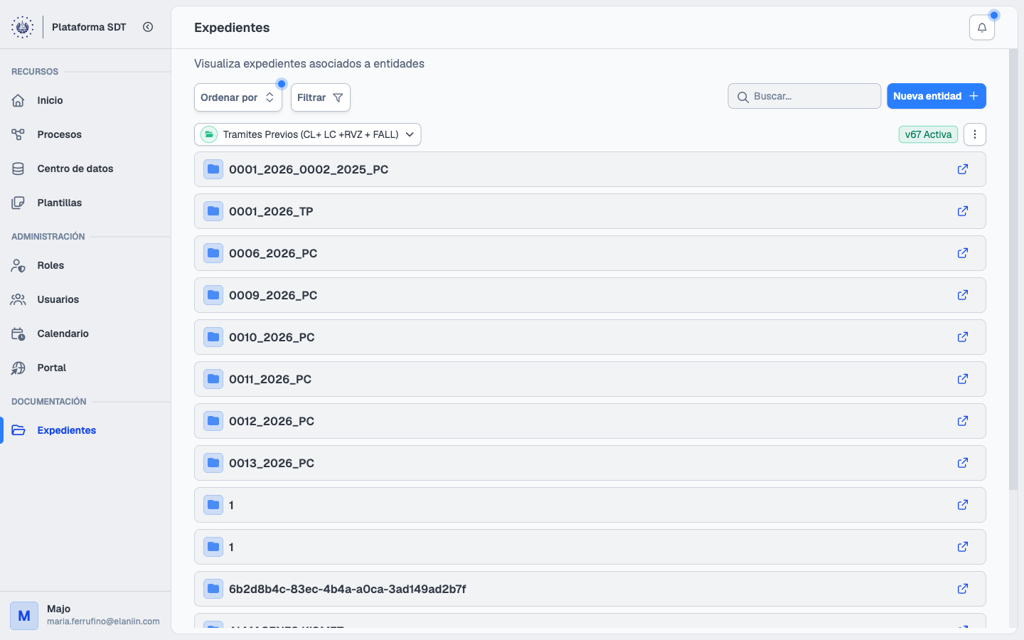 Figura 2. Documentación → Expedientes en el administrador (captura QA).