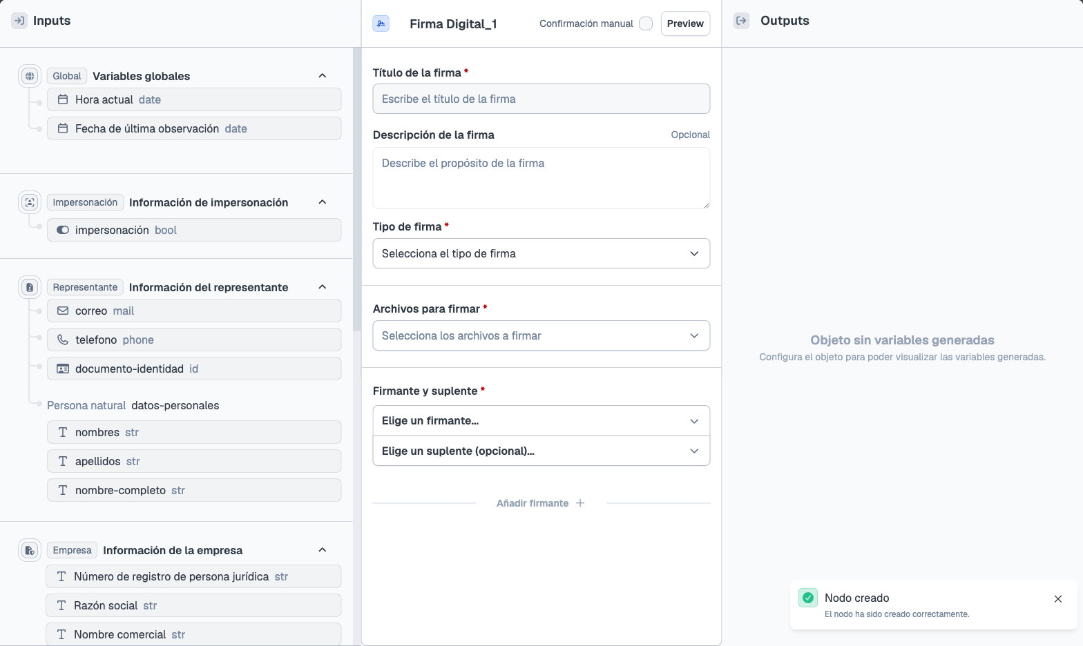 Configuración del nodo Firma digital