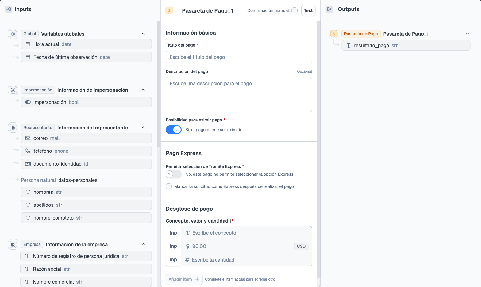 Configuración del nodo Pasarela de pago
