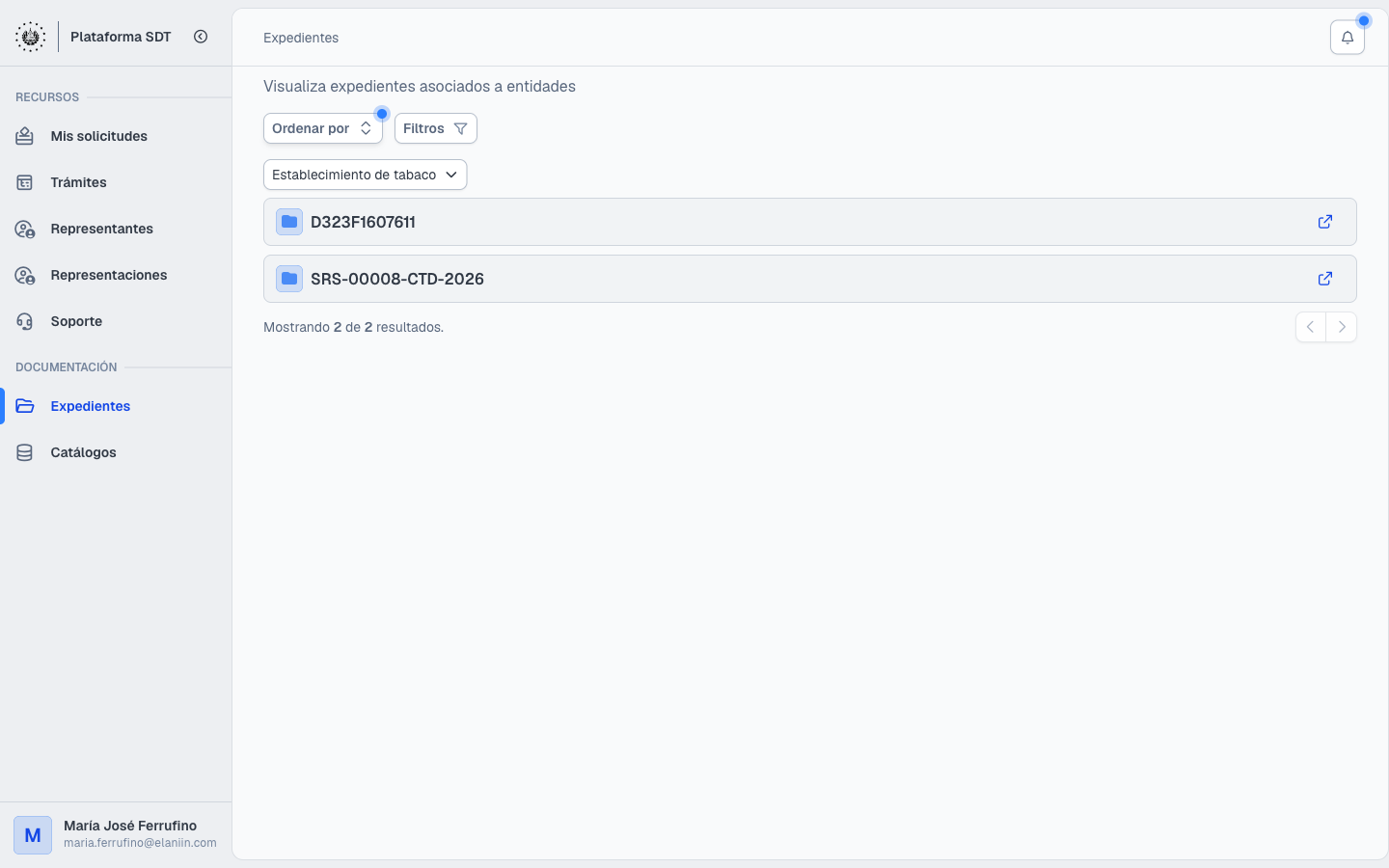 Figura 3. Website — Expedientes del solicitante, filtrados por entidad.