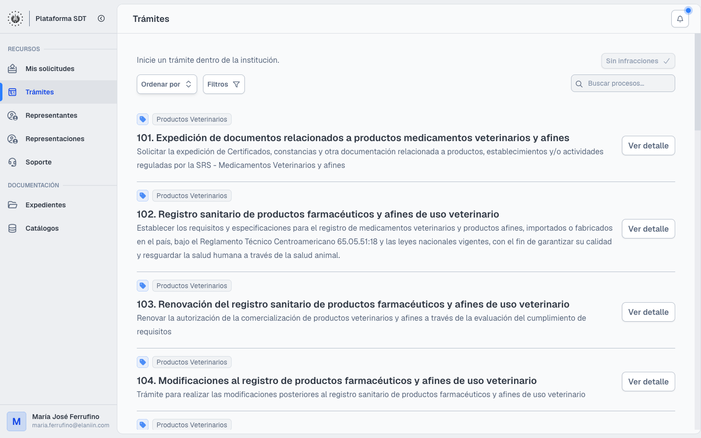 Figura 3. Trámites — catálogo de la institución con etiqueta, descripción y Ver detalle.