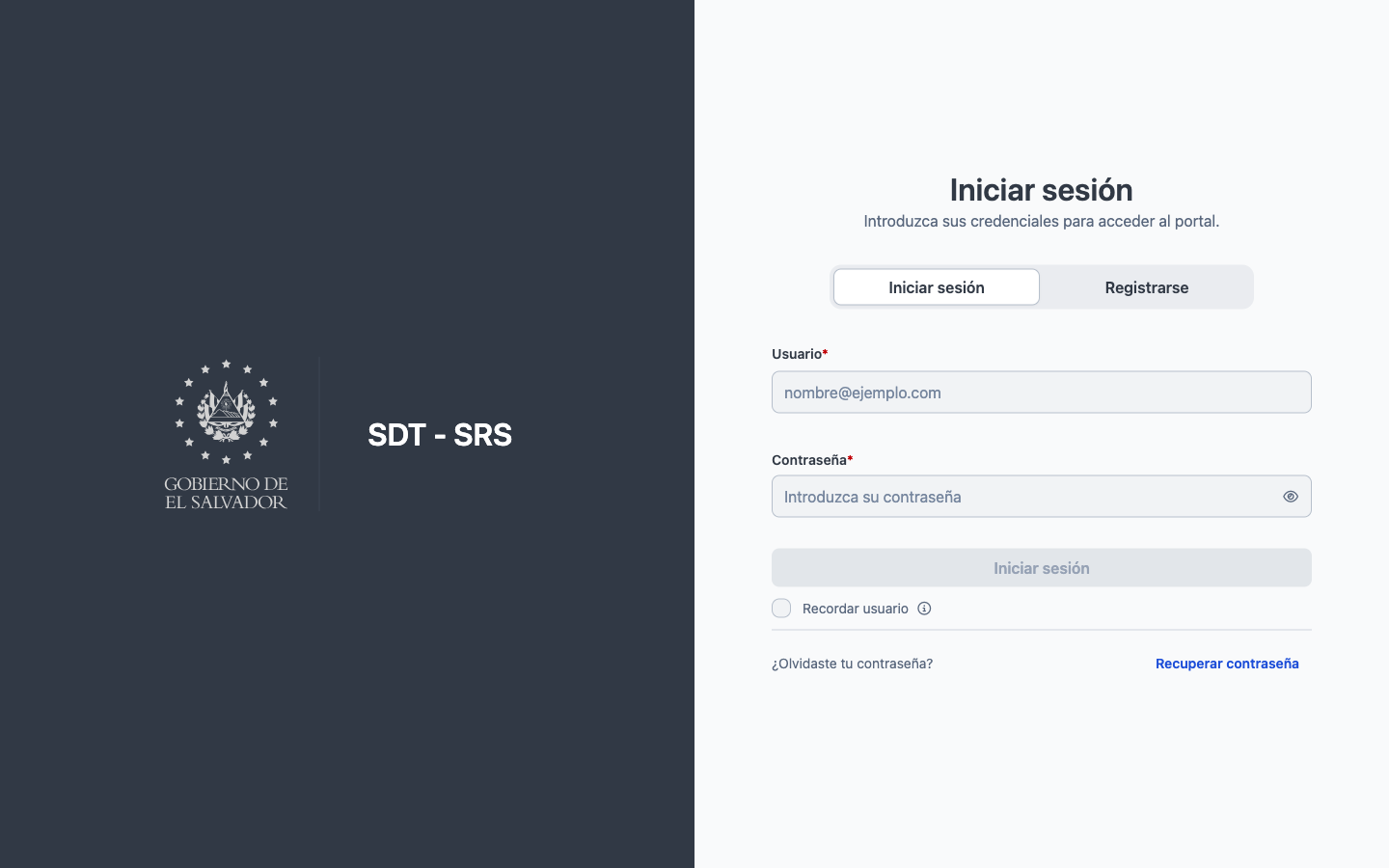 Figura 1. Website SDT — inicio de sesión, registro y recuperar contraseña.